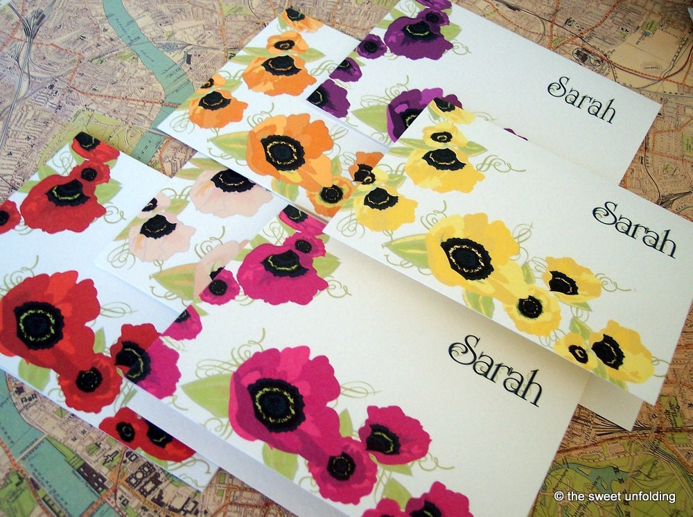 Poppy Personalized Note Cards Set of 12 - Orange, Pink, Yellow, Purple, Fuschia and Red Poppies