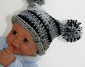 Baby Boy hat jester pom crocheted in gray and black camo, 0-3 months Custom available