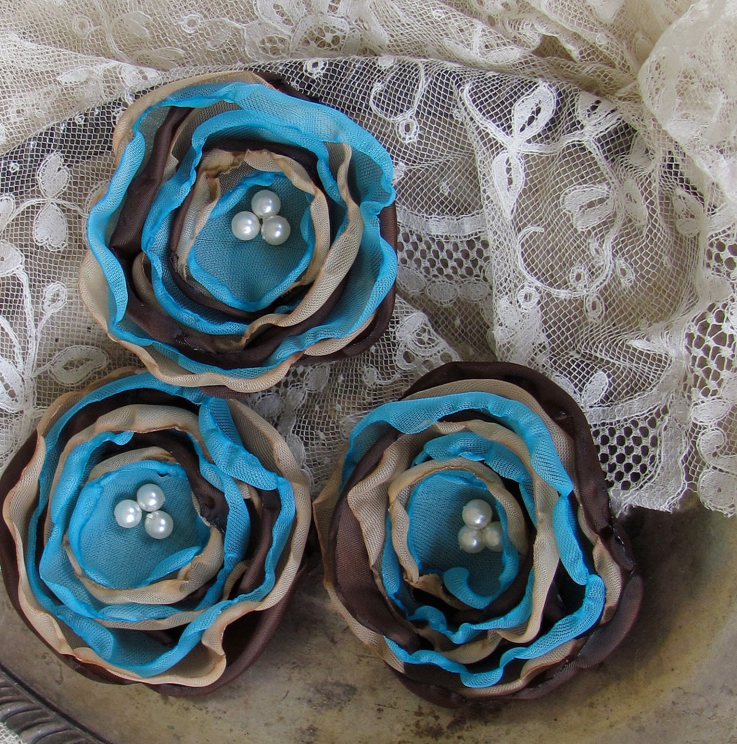 Fabric Flowers Set of 3 Chocolate Brown and Turquoise  by My Broken Art on Etsy
