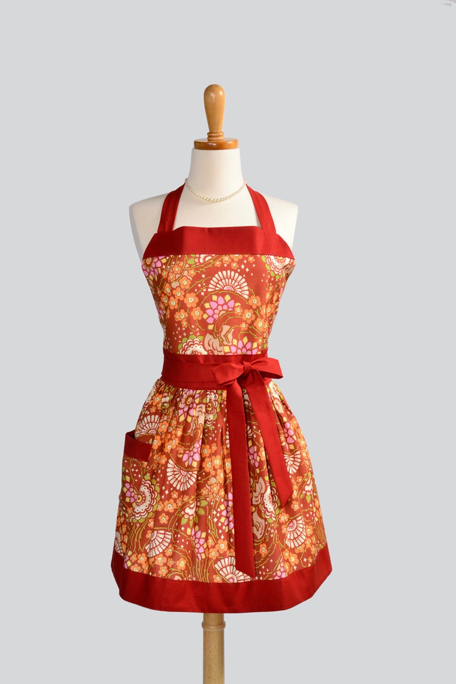 Womens Classic Bib Apron - Handmade Feminine Amy Butler Geisha Fans in Orange and Rust