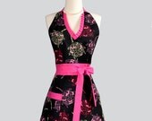 Sexy Womens Hostess - Halter Apron in Black and Pink Ruffled Floral