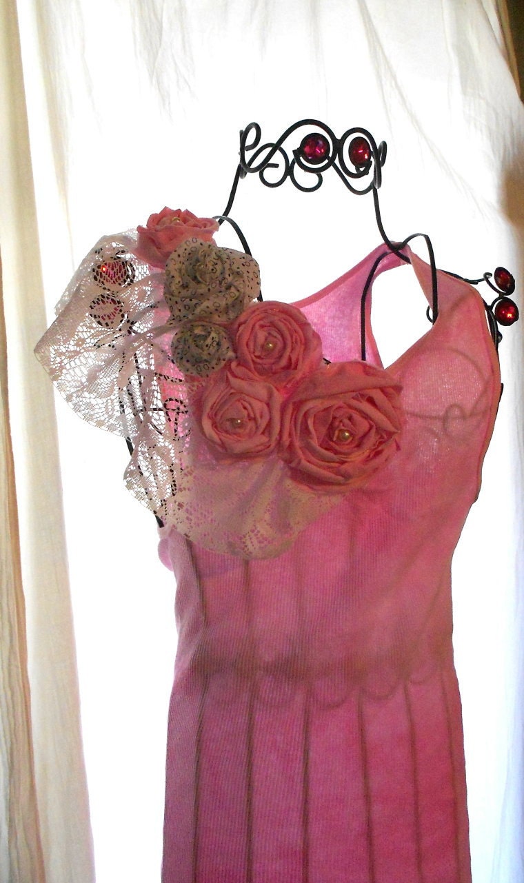 Shabby Chic Parisian Pink Boyfriend Tank Top Shirt French market Country chic Rose Shirt med large Ruffle shirt lace blouse