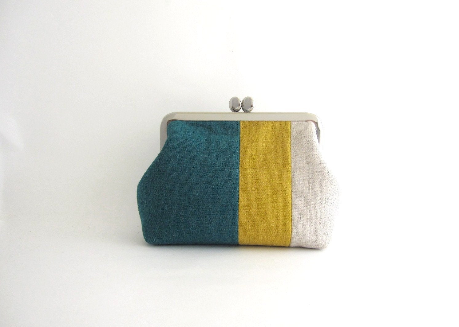metal frame multi purpose pouch- linen stripe patchwork
