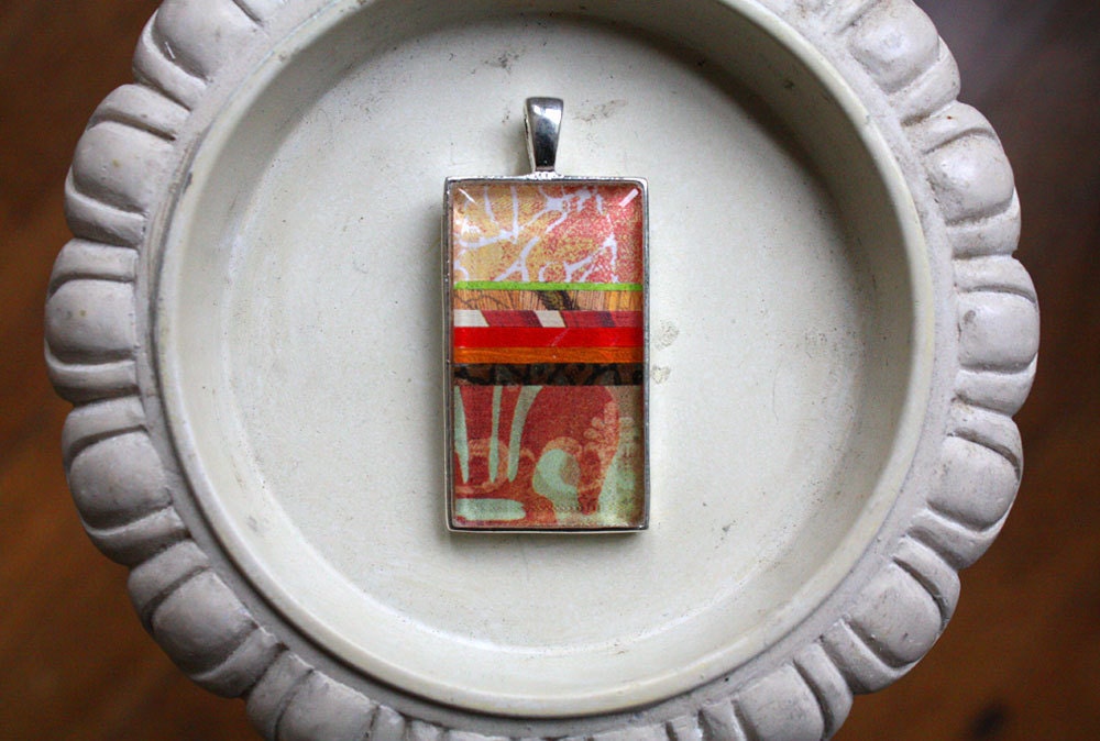 Original Collage Art Pendant - Oranges - Sterling Silver Setting and Chain