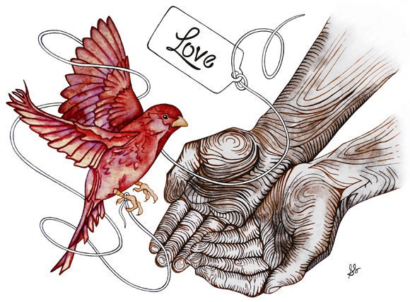 Personal message Valentine's gift--Romantic Red Love Bird, Fine Art--CUSTOMIZED Print with BLANK TAG--add your own personal message