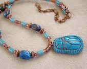 Sacred Egyptian Scarab Beetle Turquoise and Copper Polymer Clay Necklace