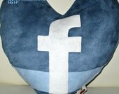 Unique Designer 14x14" Light and Dark Blue Faux Suede Heart Shape Pillow Cover with Insert Facebook Icon  Applique Ready to Ship