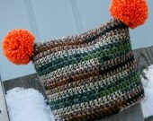 Toddler Boy hat hunter jester pom crocheted in green brown and gray camo with orange poms 6-12 months: