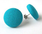 Stud earrings teal blue green turquoise fabric covered button cerulean - KooKooCraft