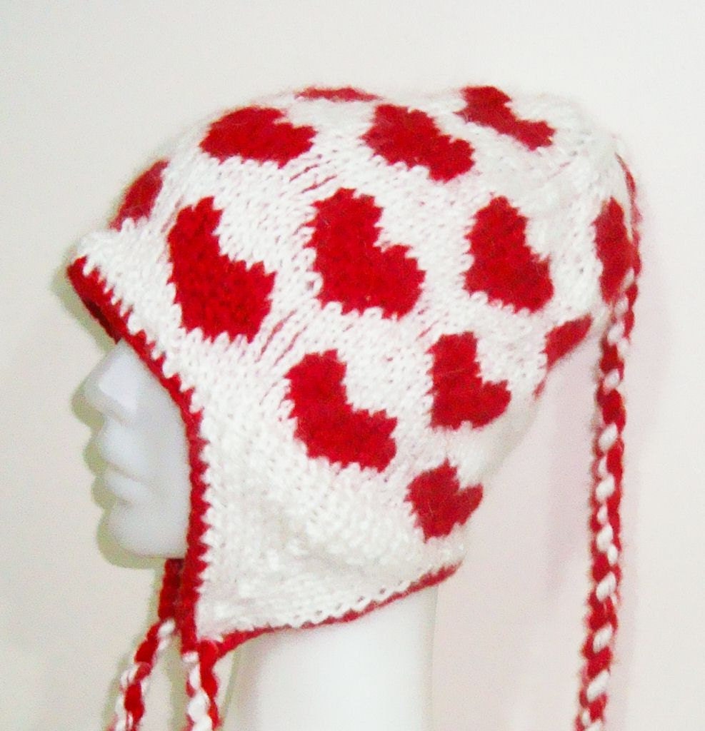 Valentines Day Red Heart Hat Ear flap Hand Knit Fashion Valentine Love
