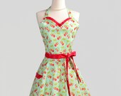 Womens Sweetheart Hostess Apron . Feminine Retro Ruffled Sweetheart Neckline With Michael Millers Strawberry Field on Robin Eggs Blue