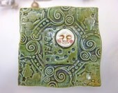 Peace Plate with moon and stars Spoon Rest Sponge Holder Trinket Dsih Handmade Pottery Green