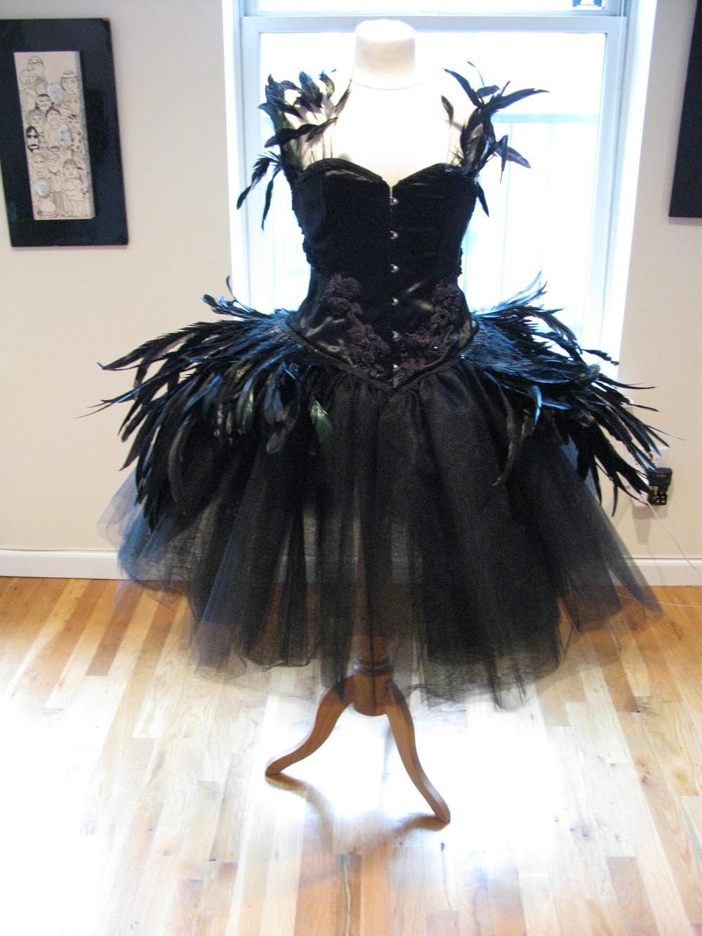 Made To Order  Deluxe Black SWAN DRESS Costume BURLESQUE  Tulle, Feathers, Masquerade, Cocktail Dress