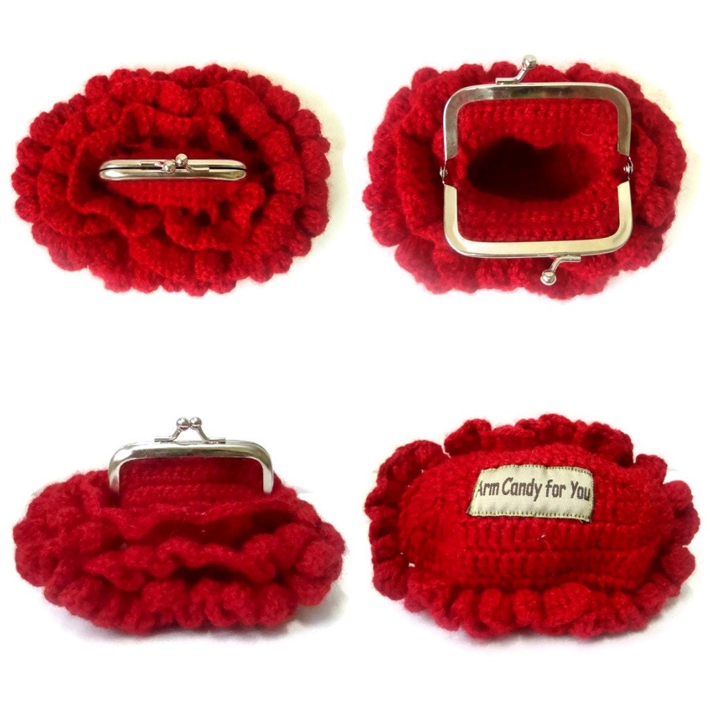 Frame Coin Purse Crochet Garnet Red with ruffles Valentine