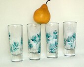 Painted Shot Glasses Contemporary Teal and Metallic Silver - Set of 4 Hand Painted Turquoise Silver Roses Cordial