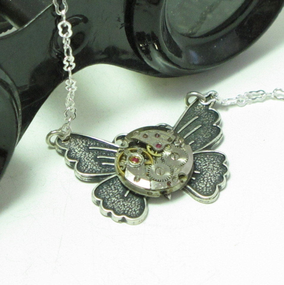 Sweet Butterfly Steampunk Necklace OOAK Vintage Watch Movement Designed By Mystic Pieces