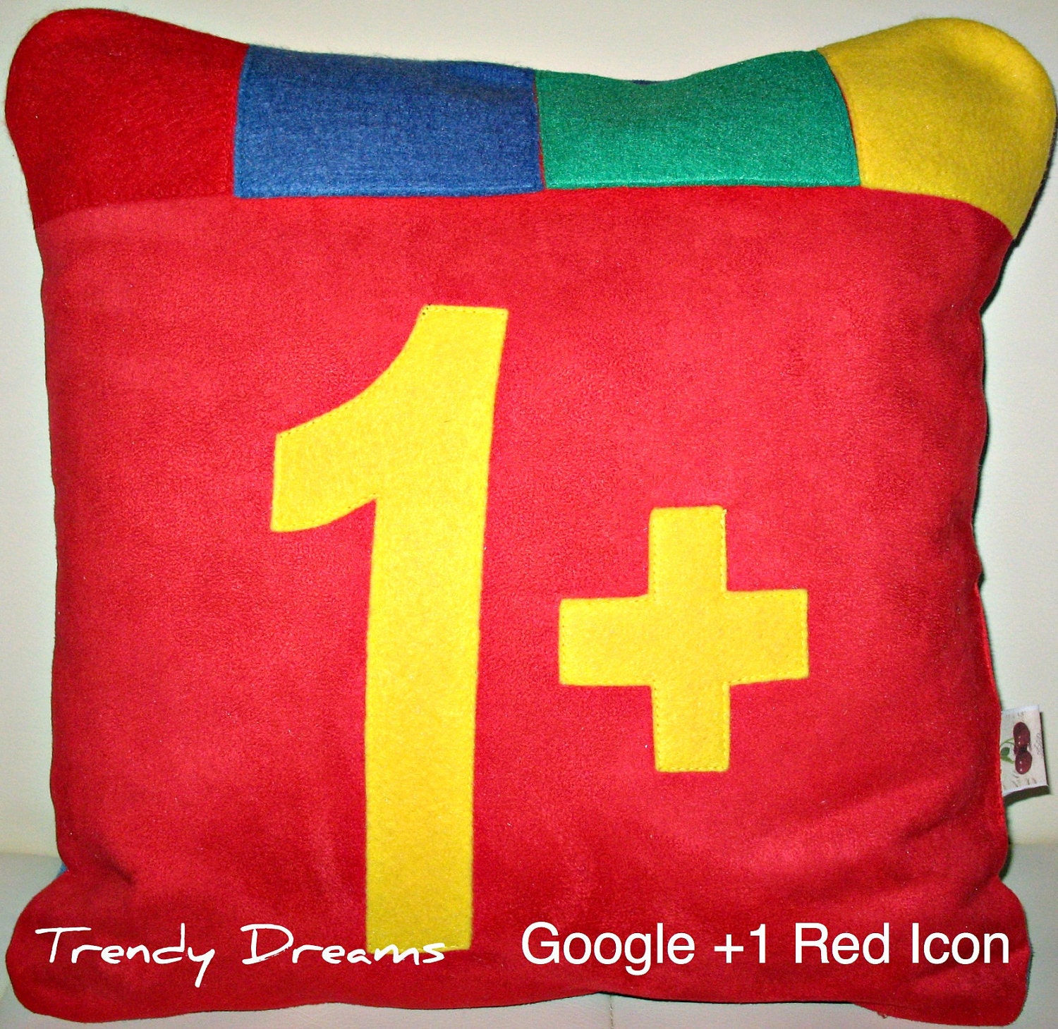 Unique Designer 14x14" Red and Denim Blue Faux Suede  Pillow Cover with Insert Google Plus 1 Icon  Applique  Buy 5 and Get 10% off