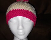 White and Fuscia Beanie w/ pom-pom