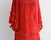 70s Red Cotton Gauze Mexican Flutter Angel Boho Hippie Festival Tent Mini Dress Tunic Blouse Shirt Top . Free Size . D090