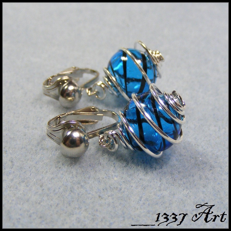 Blue Clip On Earrings, Hand Blown Glass Silver Spiral Cage