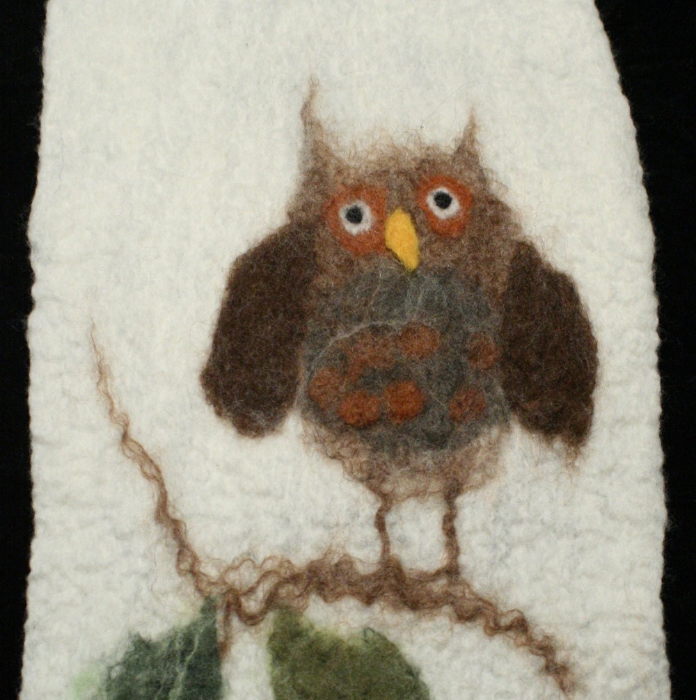 Woodsy Owl Scarf - A Soft, Handmade Wool Scarf With An Adorable Owl Amidst Tree Branches and Leaves - Premium Version - READY TO SHIP