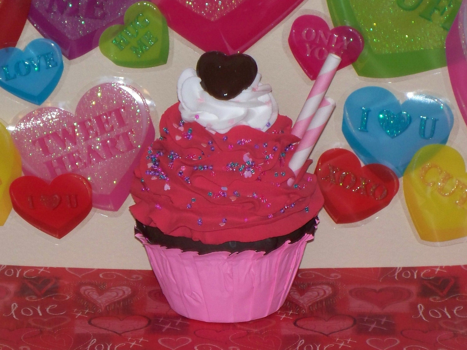 FAKE CUPCAKE, Chocolate, White, Pink,  Red,  Hearts Sprinkles Chocolate Candy Top great Photo Prop, Home Decor, Party Display