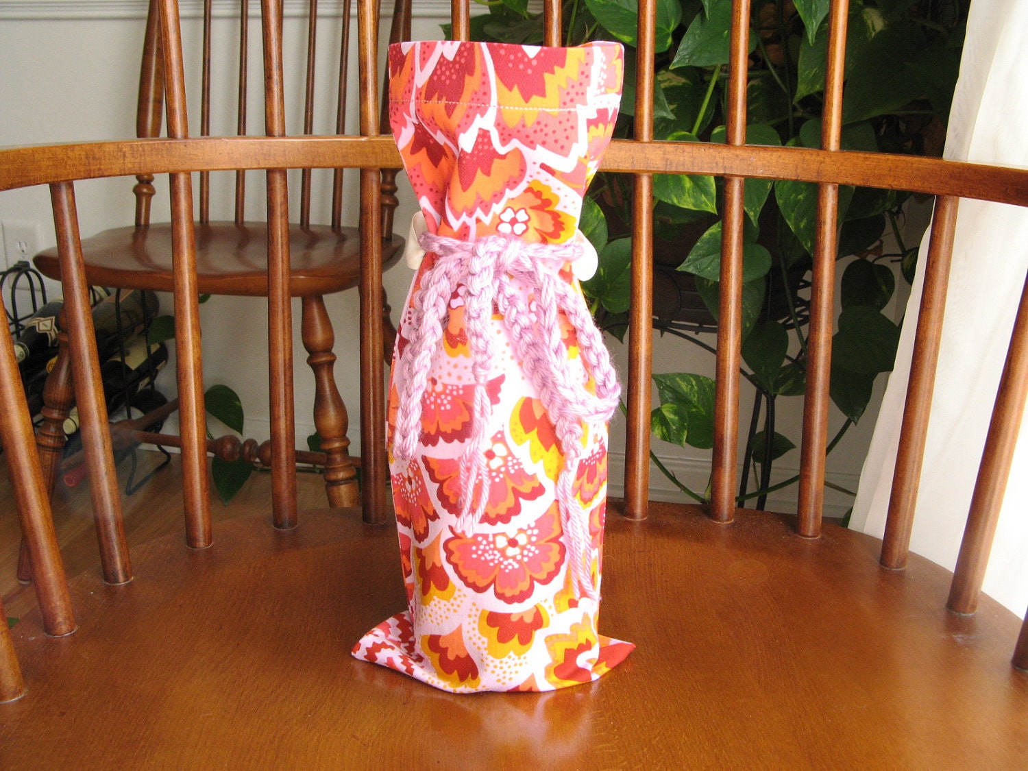 Wine Gift Bag Orange Red Lilac Peacock Feathers Reusable