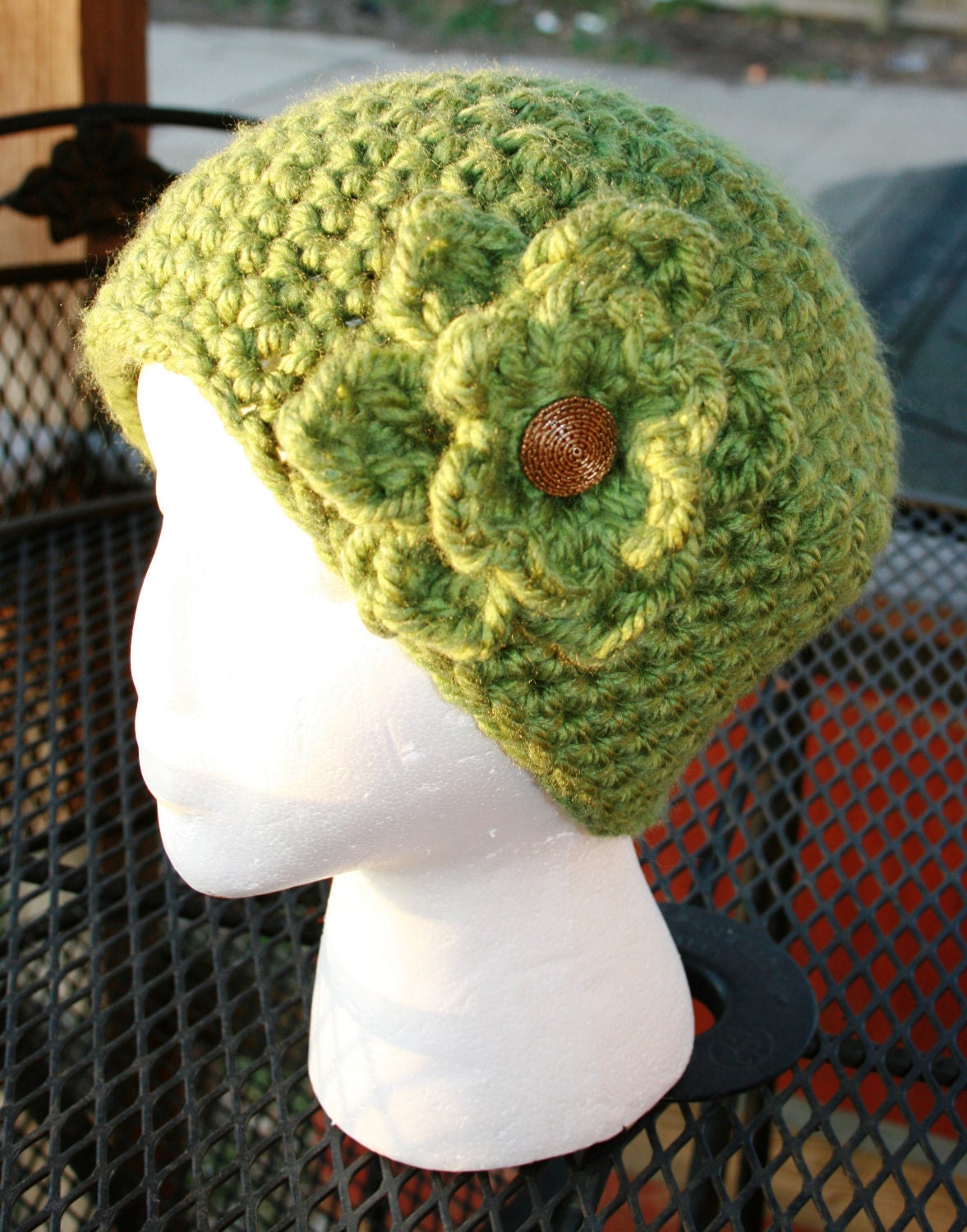 Crochet Green Hat with Large Removable Flower