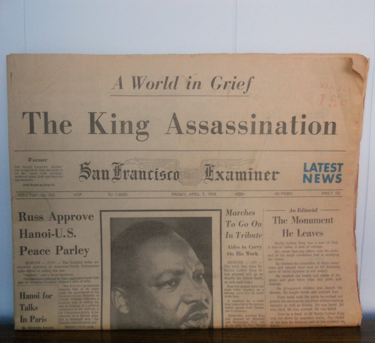 Vintage Newspaper - Martin Luther King Assassination - San Francisco Examiner April 5, 1968