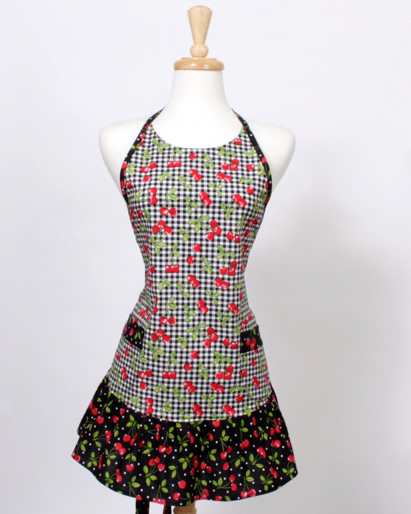 Cherry Apron, Gingham polka dots and cherries in Black White and Red