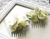 Green Velvet Shabby Chic Flower Bridal Comb Pair