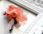 Vintage Coral Tangerine Flower and Feather Hair Comb