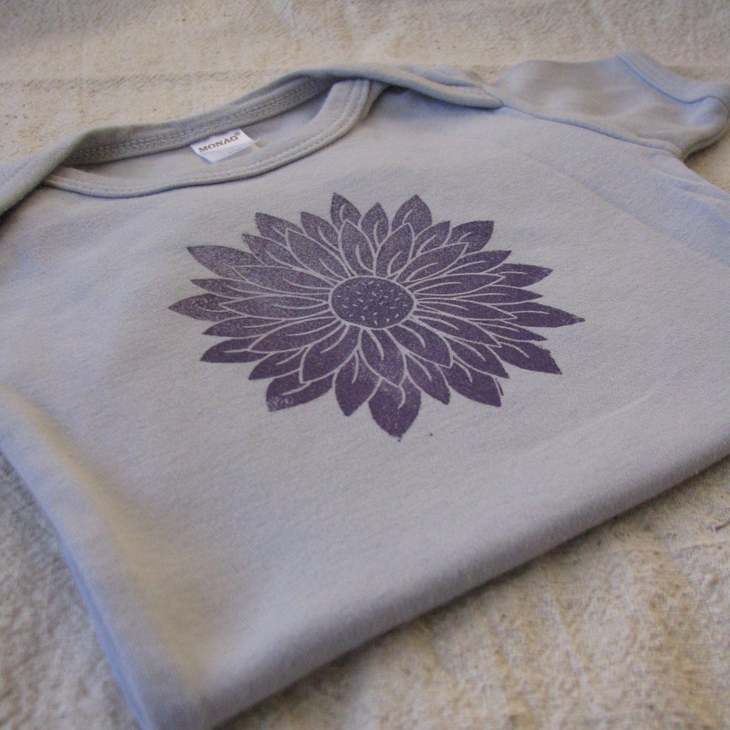 Linocut Flower Onesie, Hand-Dyed, Hand-Printed, 12 to 18 Month Size