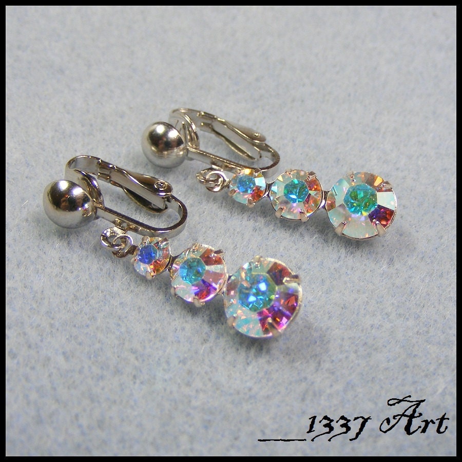 Silver Clip On Earrings with Aurora Borealis Crystals