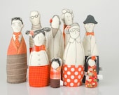 Family -  grandparents, parents ,uncle  and and children dressed in Orange and beige  , stripes   and polka dots -handmade fabric dolls - TIMOHANDMADE