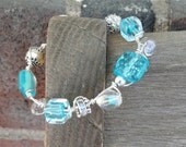 Iced Turquoise Cane and Lampwork Bead and Czech Crystal Sterling SIlver Bracelet