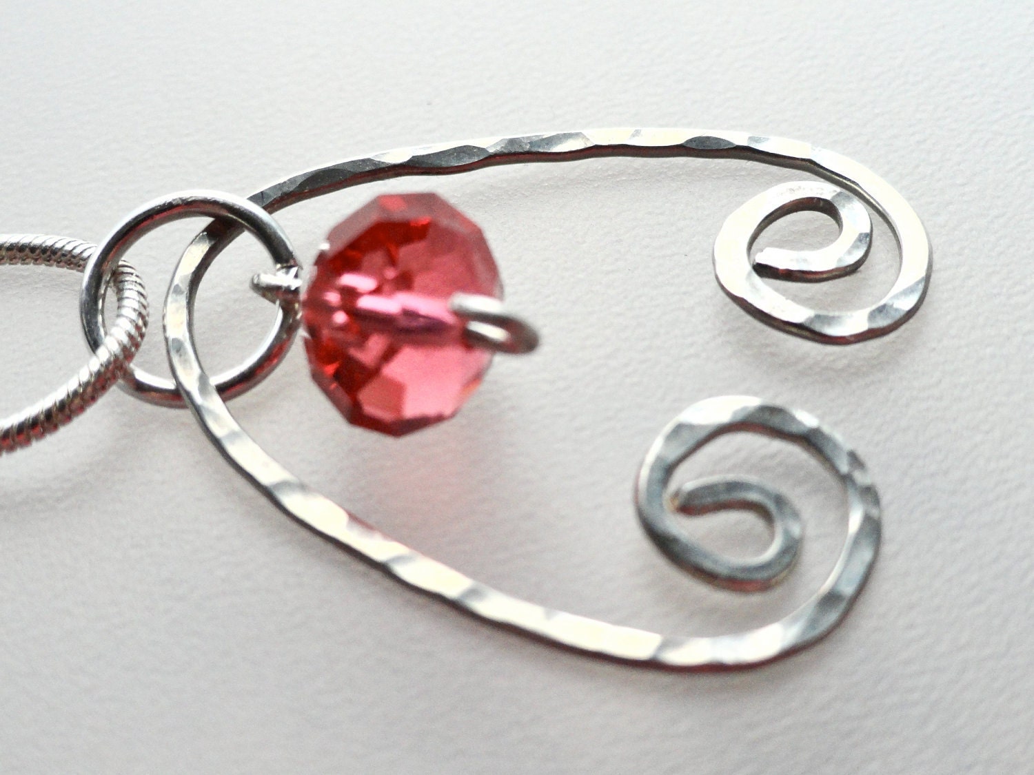 Hammered Sterling Silver Spiral Pendant with Honeysuckle Rose Swarovski Crystal
