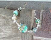 Fresh Green Blue and White Artisan Lampwork  Bead Bracelet