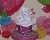 Purple Polka Dot Fake Cupcake with Pink Raspberry Stripe Straws and Sprinkles great Photo Props, Party Decorations, Home Decor and Display