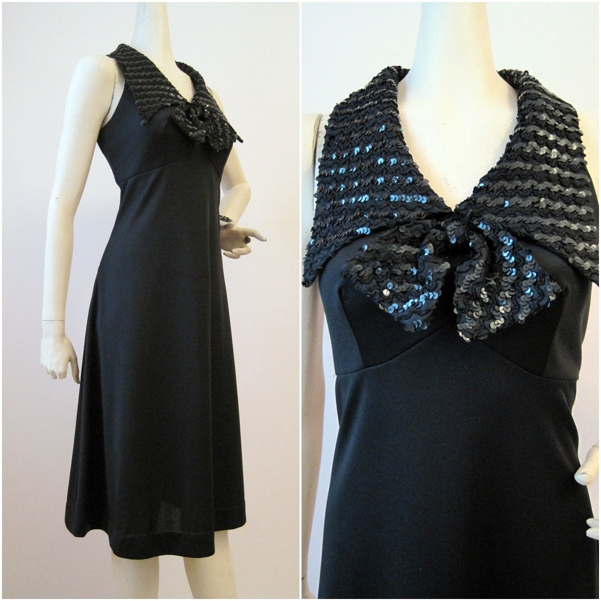 70s Dress Vintage Black Sequin Huge Bow Cocktail Party Disco M