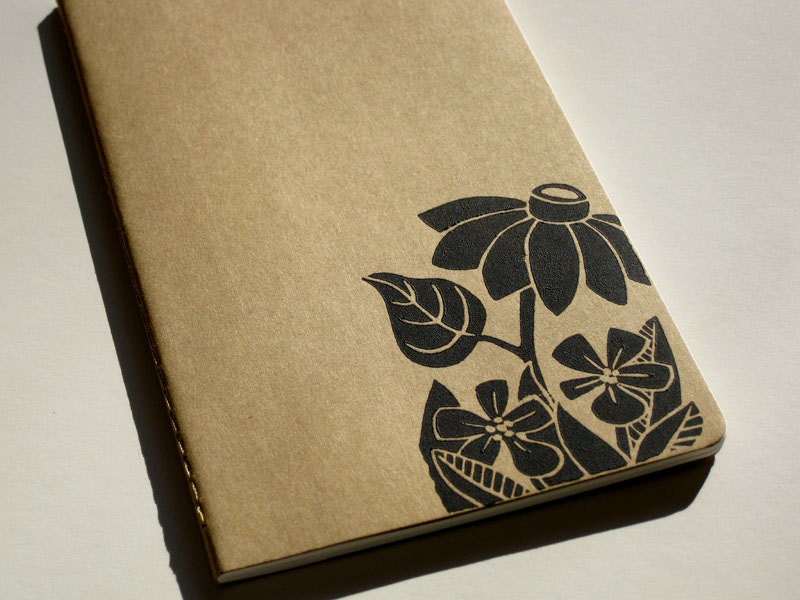 Coneflower hand block printed moleskine journal, blank