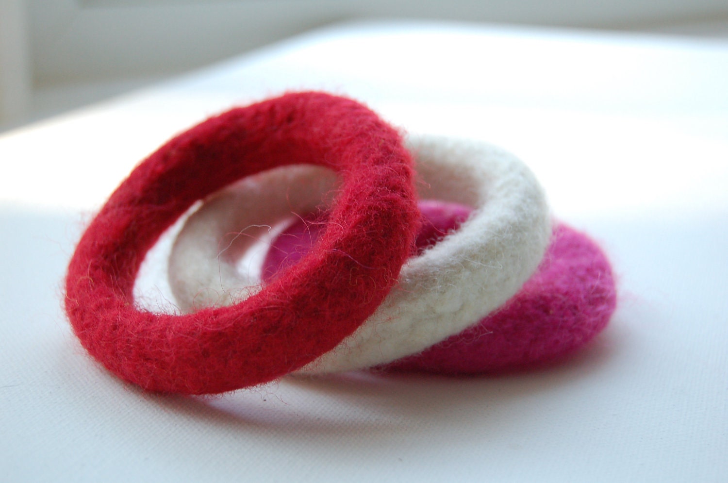 three felted wool bangle bracelets red ivory fuchsia