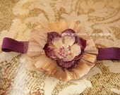 Desiree- Beige Dupioni Silk Handmade Flower Headband with Purple Flower on Top - Champange Color, Nuetral Photo Prop
