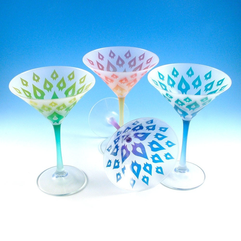 Etched Martini Glasses - Dragon Petals - Custom Painted Set of 4