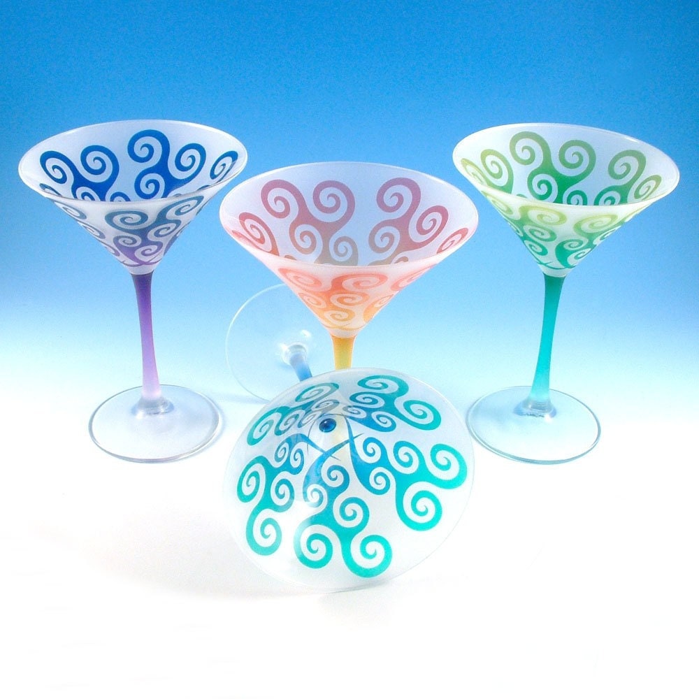 Martini Glasses - Spiral Waves - Set of 4 - Etched and Painted Glassware