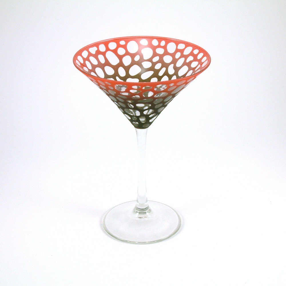 Etched Martini Glass with River Rocks design - Red and Black Custom Painted