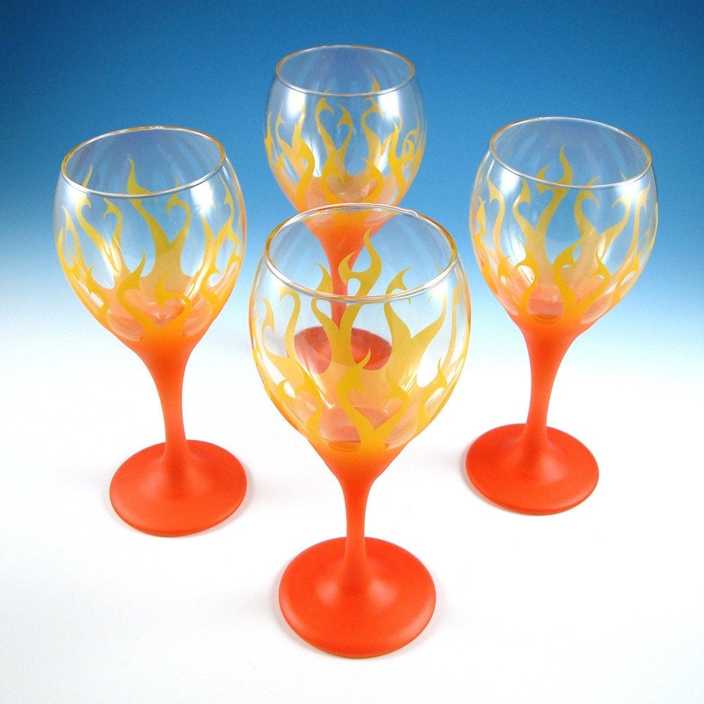 Wine Glasses - Tribal Flames - Set of 4 - Yellow and Red with Gold Flake