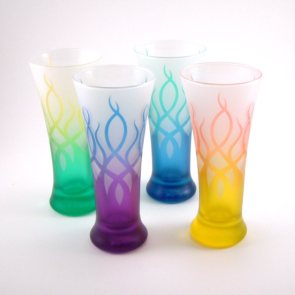 Frosted Pilsner Glasses - Strands - Assorted Color Set of 4 Etched and Painted Glasses