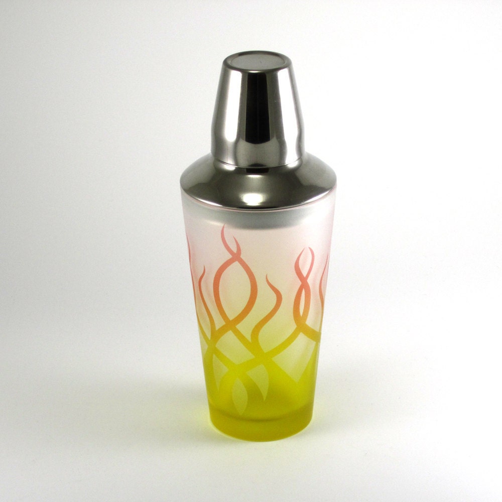 Cocktail Shaker - Strands - Red and Yellow Frost - Custom Painted and Etched Glass