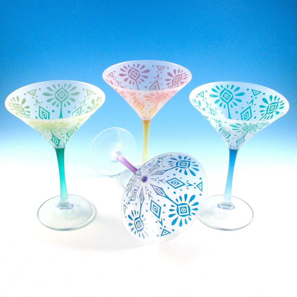 Frosted Martini Glasses - Carnival design - Set of 4 - Custom Painted